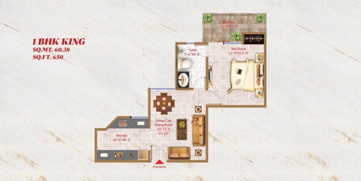 Alaknanda Towers 1 BHK King (650 sq ft) floor plan, River Valley Township, Dehradun