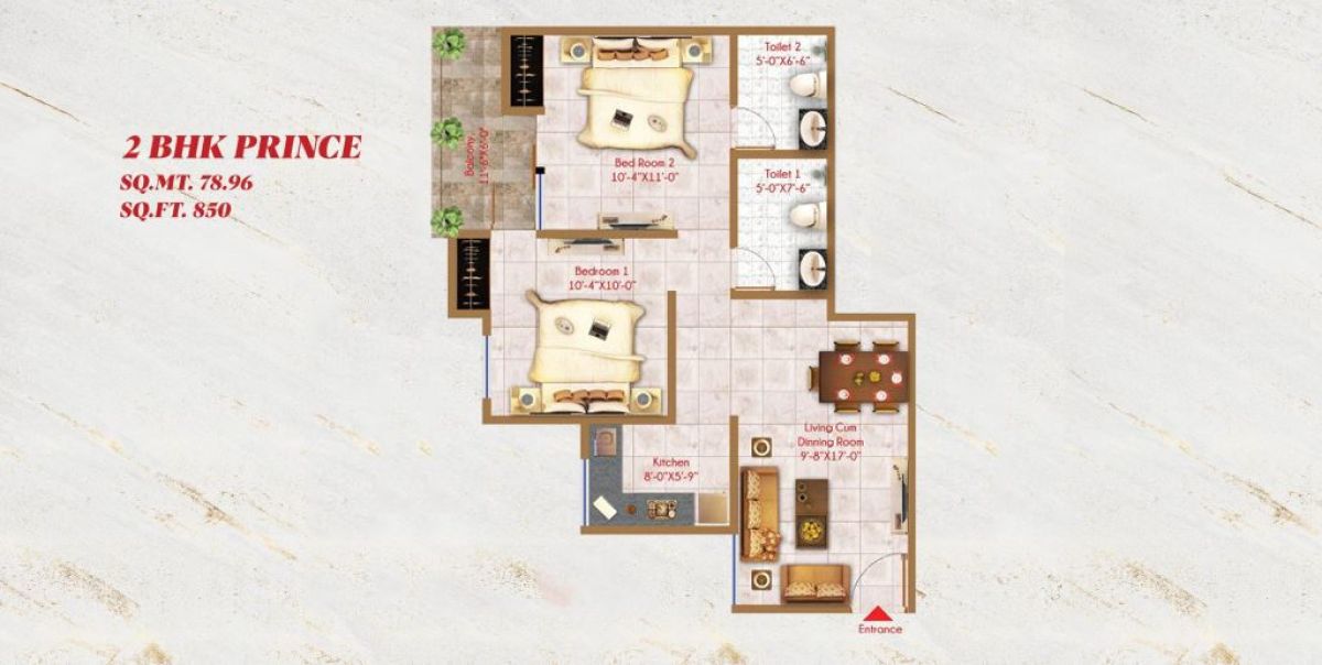 Alaknanda Towers 2 BHK Prince (850 sq ft) floor plan, River Valley Township, Dehradun