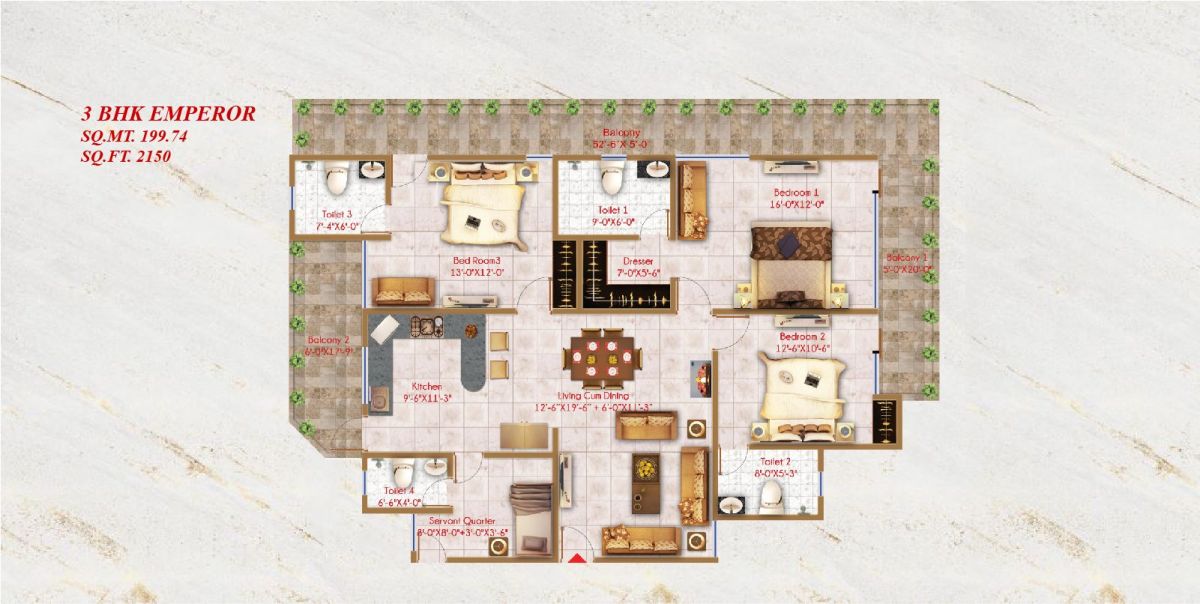 Alaknanda Towers 3 BHK Emperor (2,150 sq ft) floor plan, River Valley Township, Dehradun