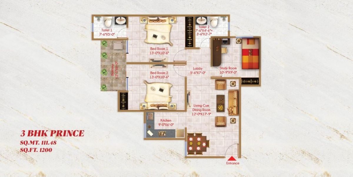 Alaknanda Towers 3 BHK Prince (1,200 sq ft) floor plan, River Valley Township, Dehradun