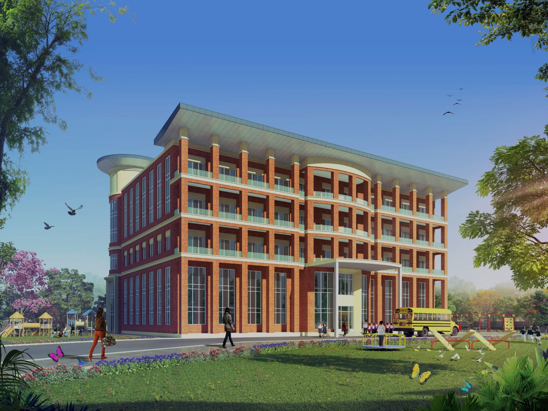 Architectural render of the English medium school building at River Valley Township