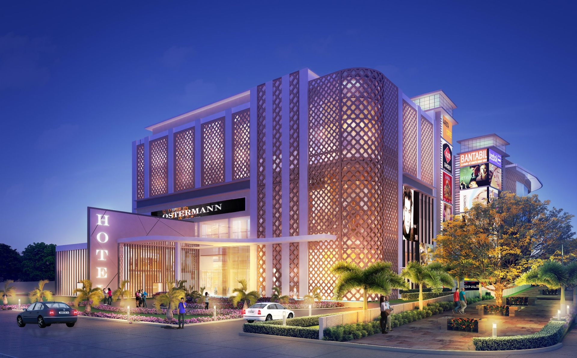 Architectural render of the 5-star hotel at River Valley Township, lit up at dusk