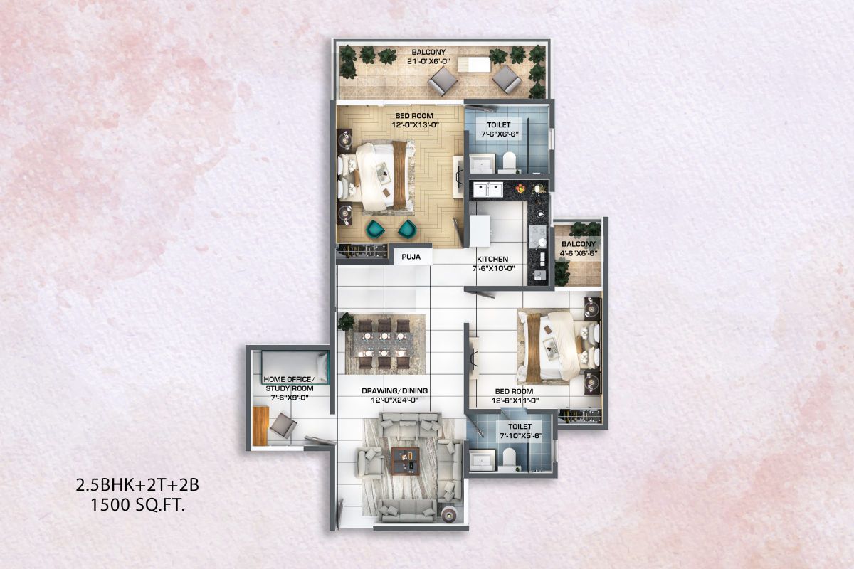 2.5 BHK floor plan at Kaveri Towers, 1,500 sq ft: two bedrooms, home office or study room, puja space, two toilets, two balconies and drawing/dining room