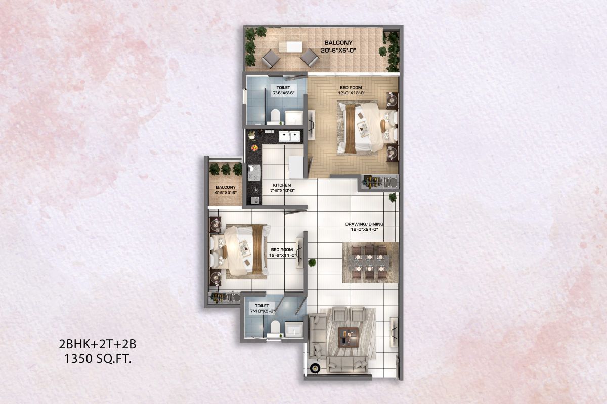 2 BHK floor plan at Kaveri Towers, 1,350 sq ft: two bedrooms, two toilets, two balconies, kitchen and drawing/dining room