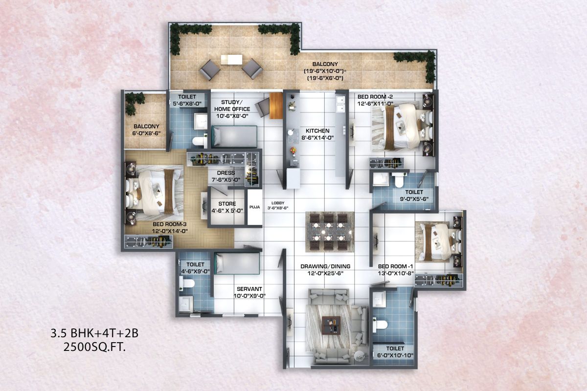 3.5 BHK floor plan at Kaveri Towers, 2,500 sq ft: three bedrooms, study or home office, servant room, store, puja space, four toilets and two balconies