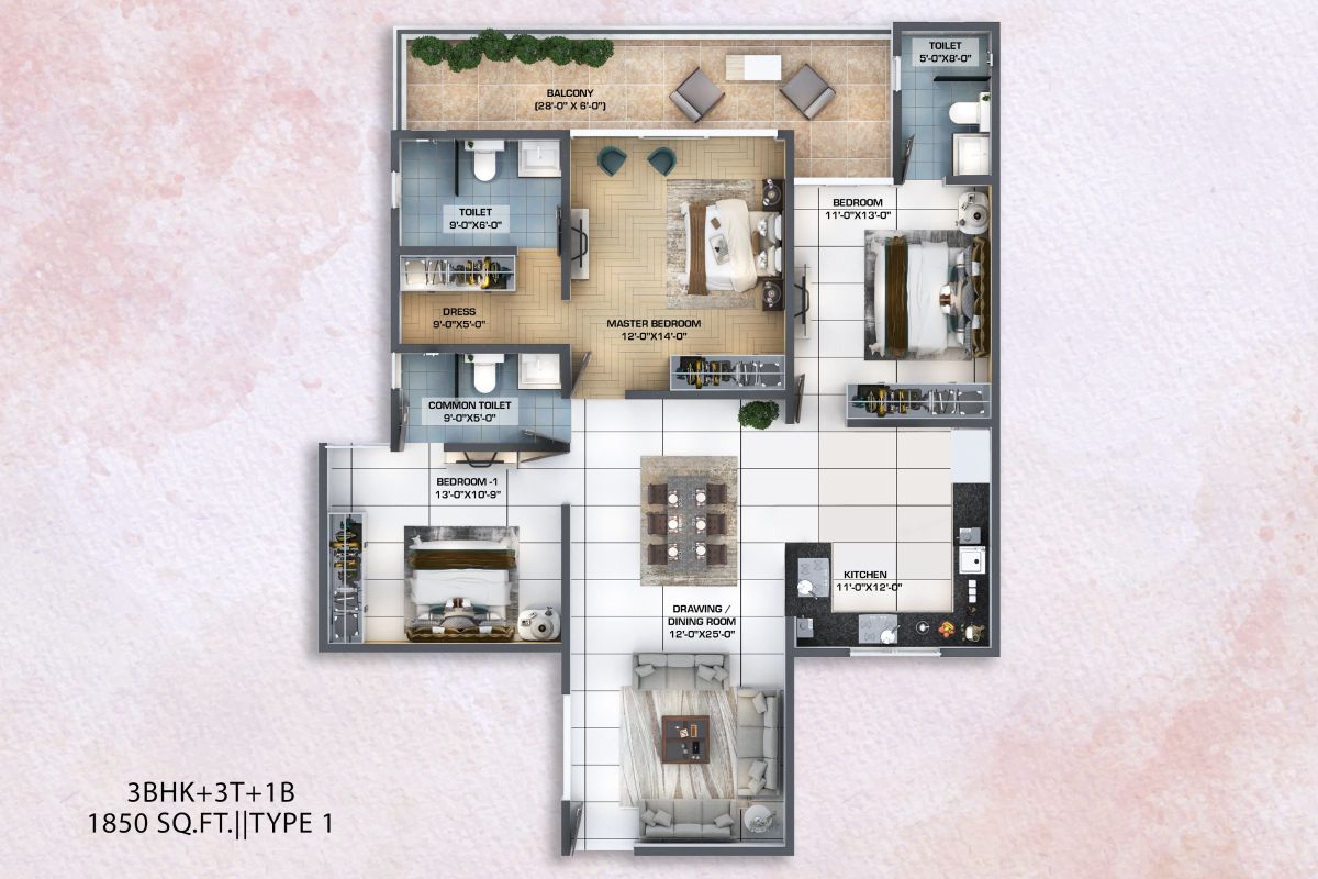 3 BHK Type 1 floor plan at Kaveri Towers, 1,850 sq ft: master bedroom with dressing area, two more bedrooms, three toilets, balcony, kitchen and drawing/dining room
