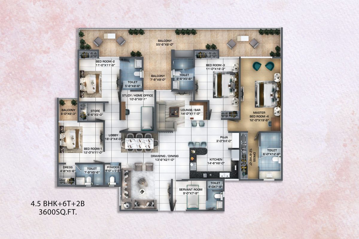 4.5 BHK floor plan at Kaveri Towers, 3,600 sq ft: four bedrooms, study or home office, lounge and bar, servant room, powder room, six toilets and a long balcony