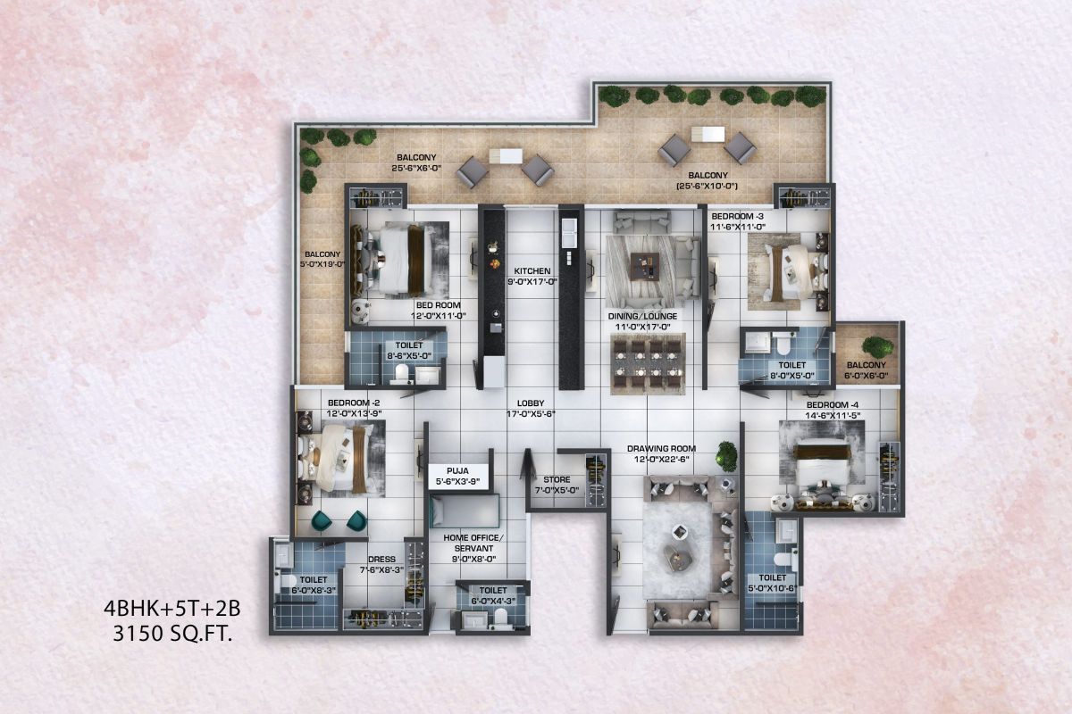 4 BHK floor plan at Kaveri Towers, 3,150 sq ft: four bedrooms, home office or servant room, dining lounge, drawing room, five toilets and wraparound balconies