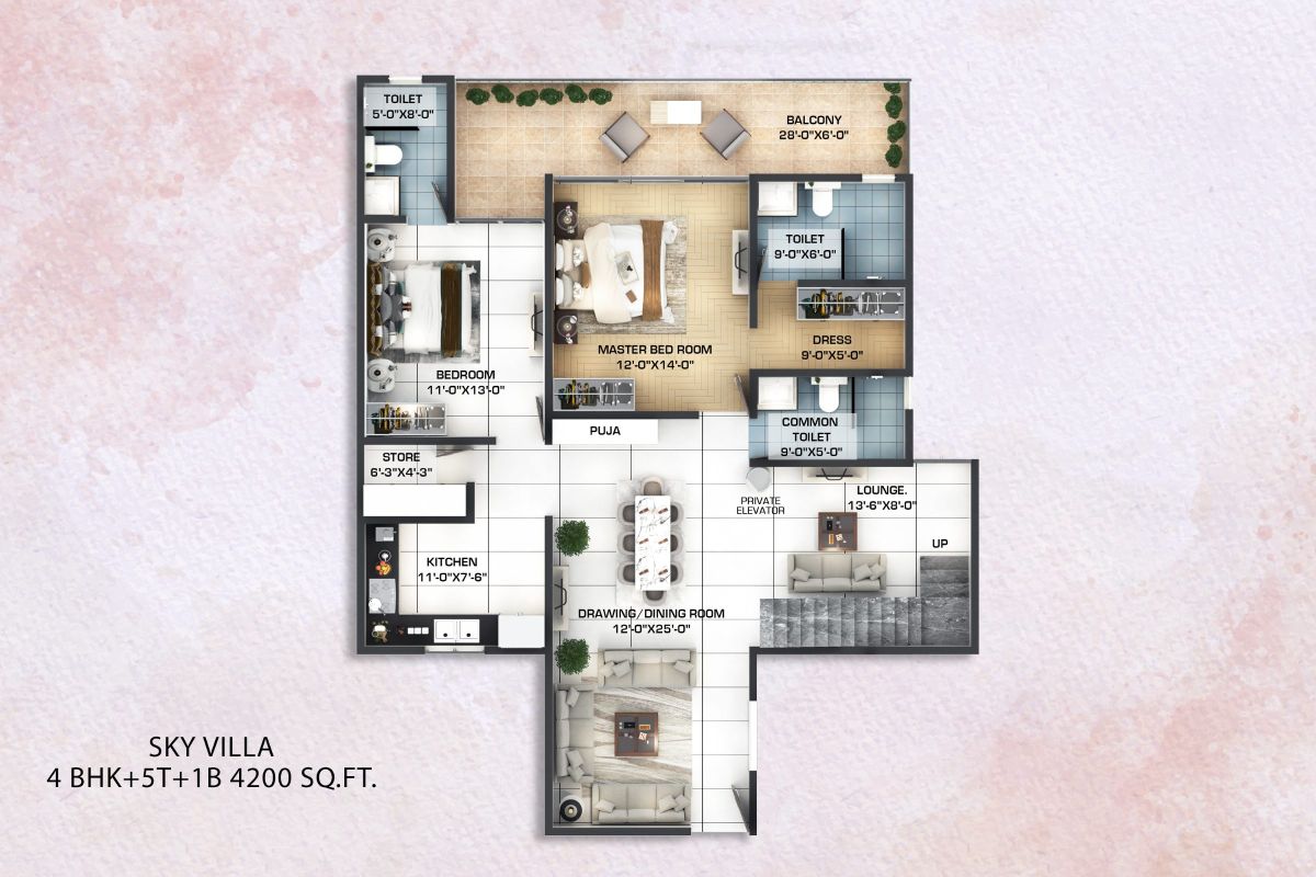 4 BHK Sky Villa lower level floor plan at Kaveri Towers, 4,200 sq ft: drawing and dining room, master bedroom, bedroom, kitchen, puja room, store, lounge and private elevator