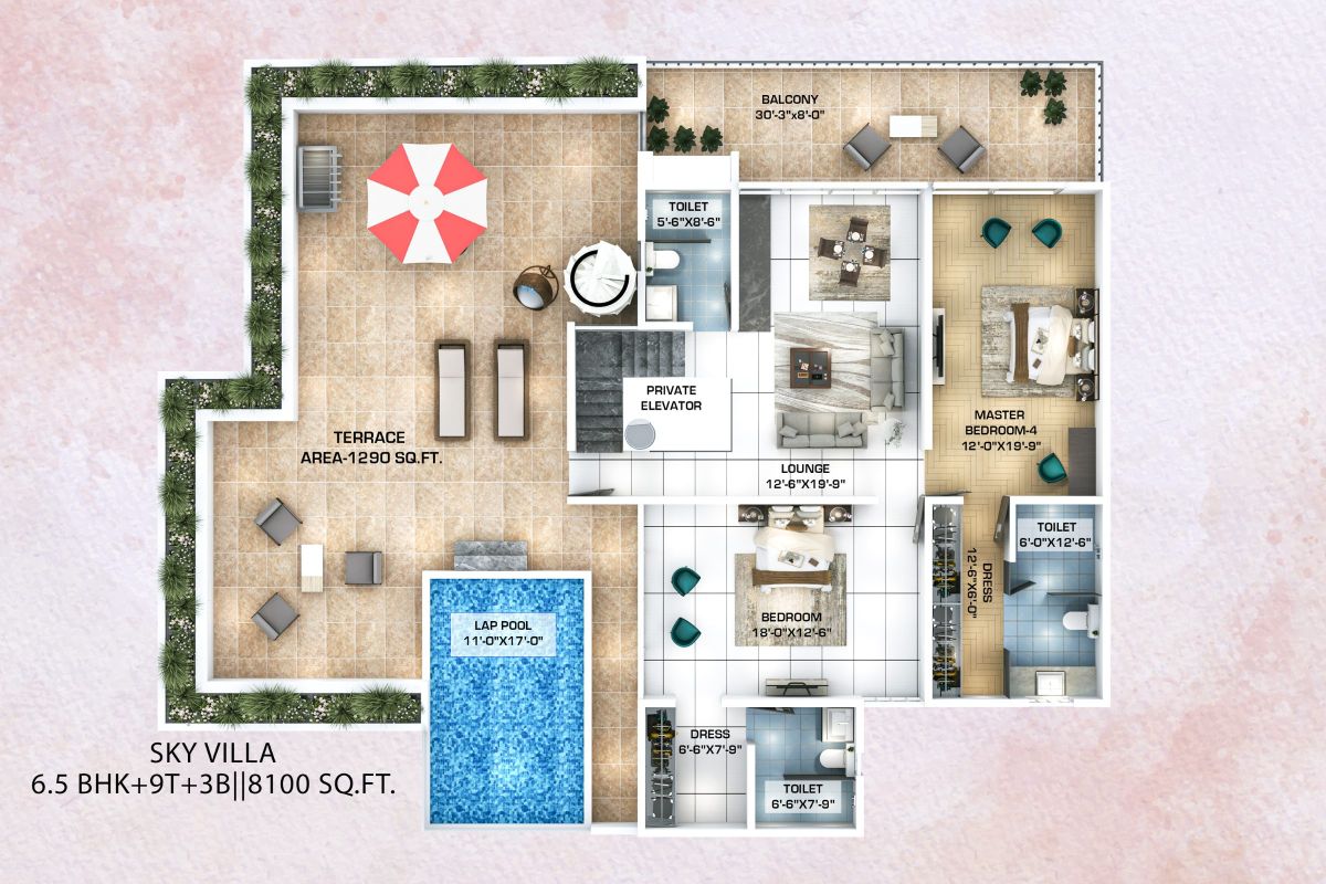 6.5 BHK Sky Villa floor plan at Kaveri Towers, 8,100 sq ft: terrace of 1,290 sq ft with lap pool, private elevator, lounge and master bedroom
