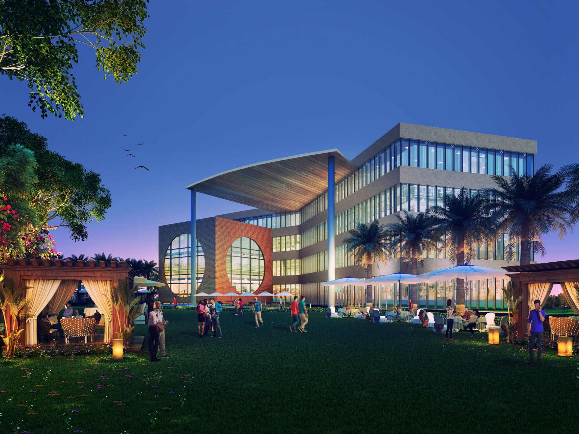 Architectural render of the Gymkhana Club and lawns at night, River Valley Township