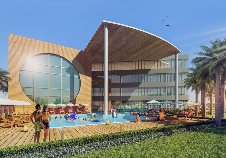Architectural render of the Gymkhana Club with its swimming pool at River Valley Township
