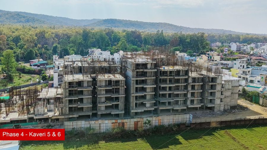 Construction progress at Kaveri Towers 5 and 6, River Valley Township, April 2026: kaveri 5 and 6 across the township green