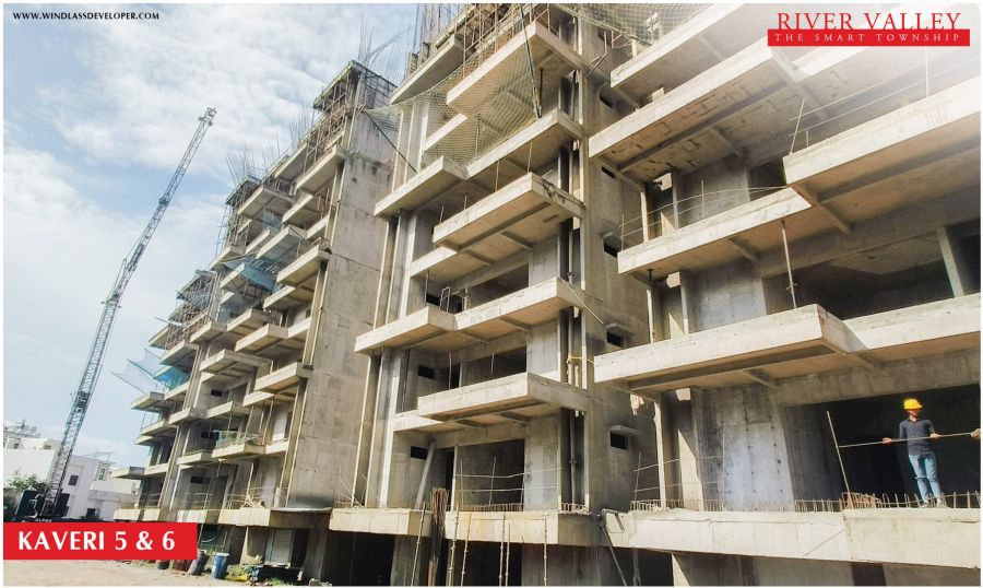 Construction progress at Kaveri Towers 5 and 6, River Valley Township, June 2026: upper floors and balconies taking shape