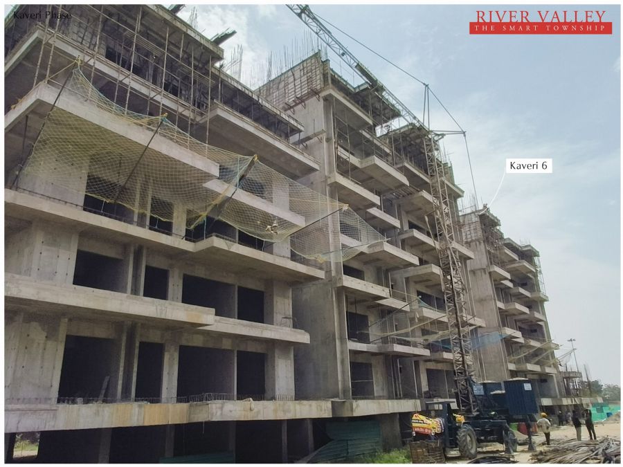 Construction progress at Kaveri Towers 5 and 6, River Valley Township, May 2026: kaveri 6 with the tower crane