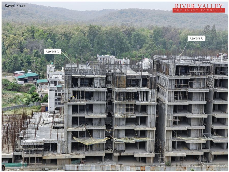 Construction progress at Kaveri Towers 5 and 6, River Valley Township, May 2026: kaveri 5 and 6 from above