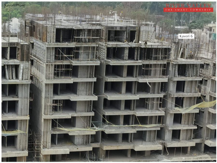 Construction progress at Kaveri Towers 5 and 6, River Valley Township, May 2026: kaveri 6 structure, front view