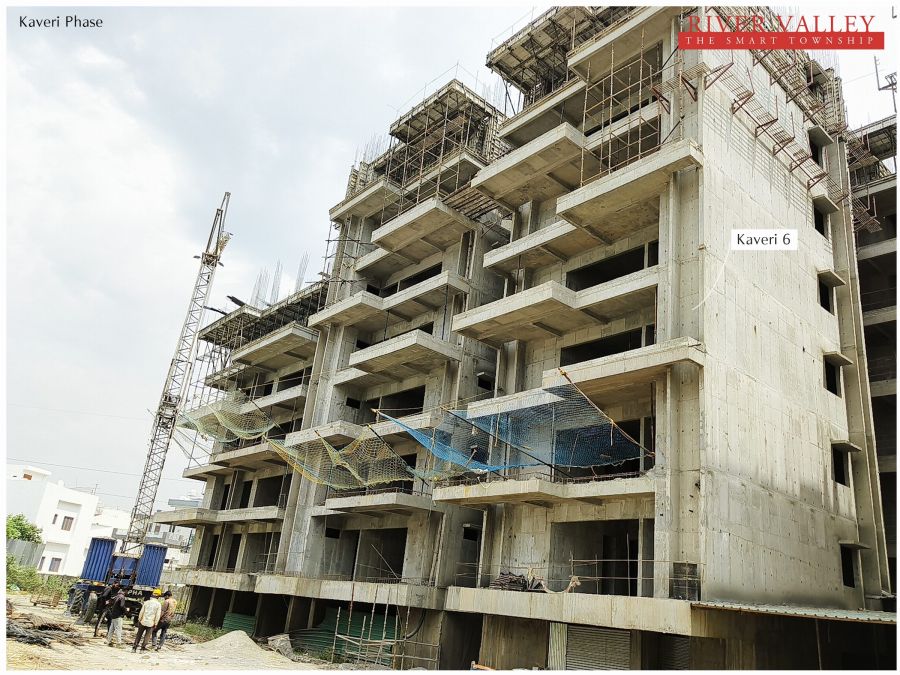 Construction progress at Kaveri Towers 5 and 6, River Valley Township, May 2026: kaveri 6 side elevation