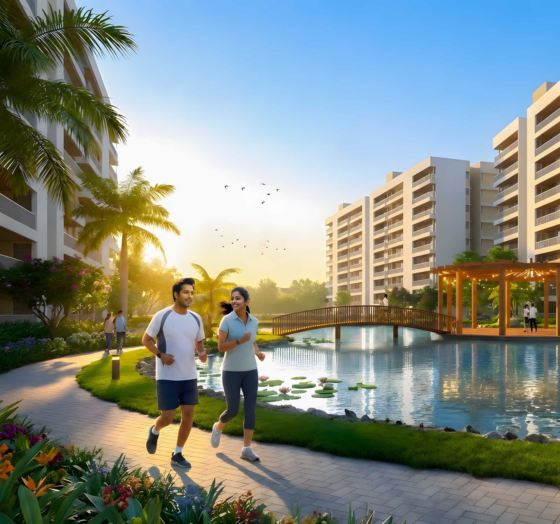Residents jogging beside the landscaped lake and bridge at Kaveri, River Valley Township