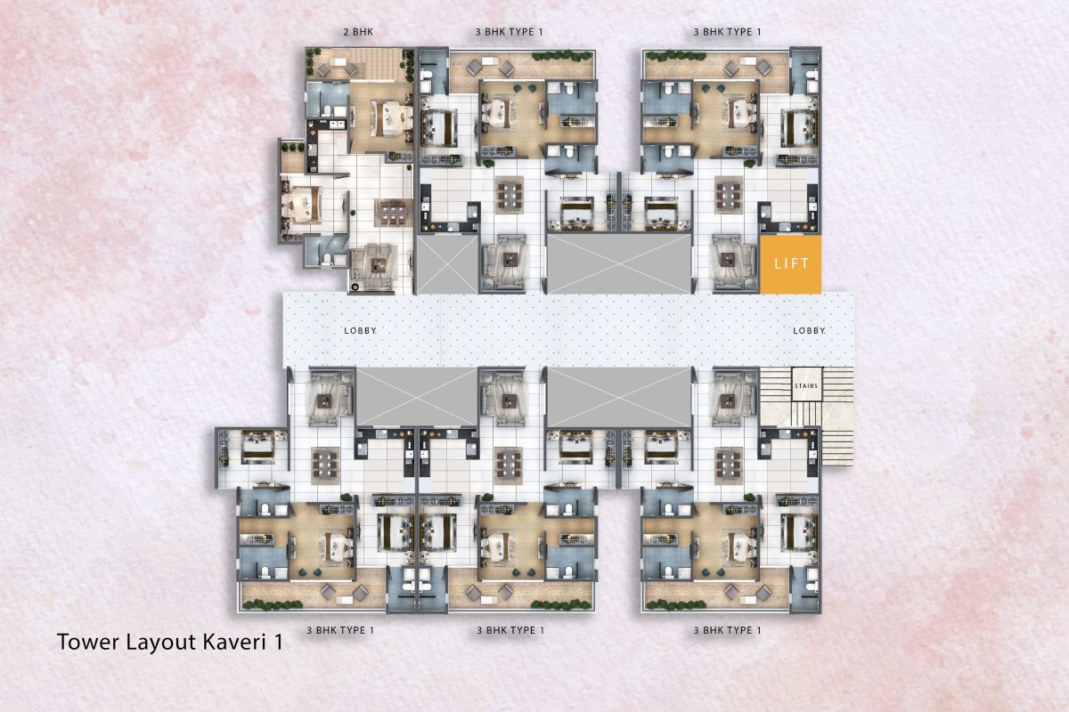 Kaveri Tower 1 typical floor layout with 2 BHK and 3 BHK Type 1 apartments around the lift lobby