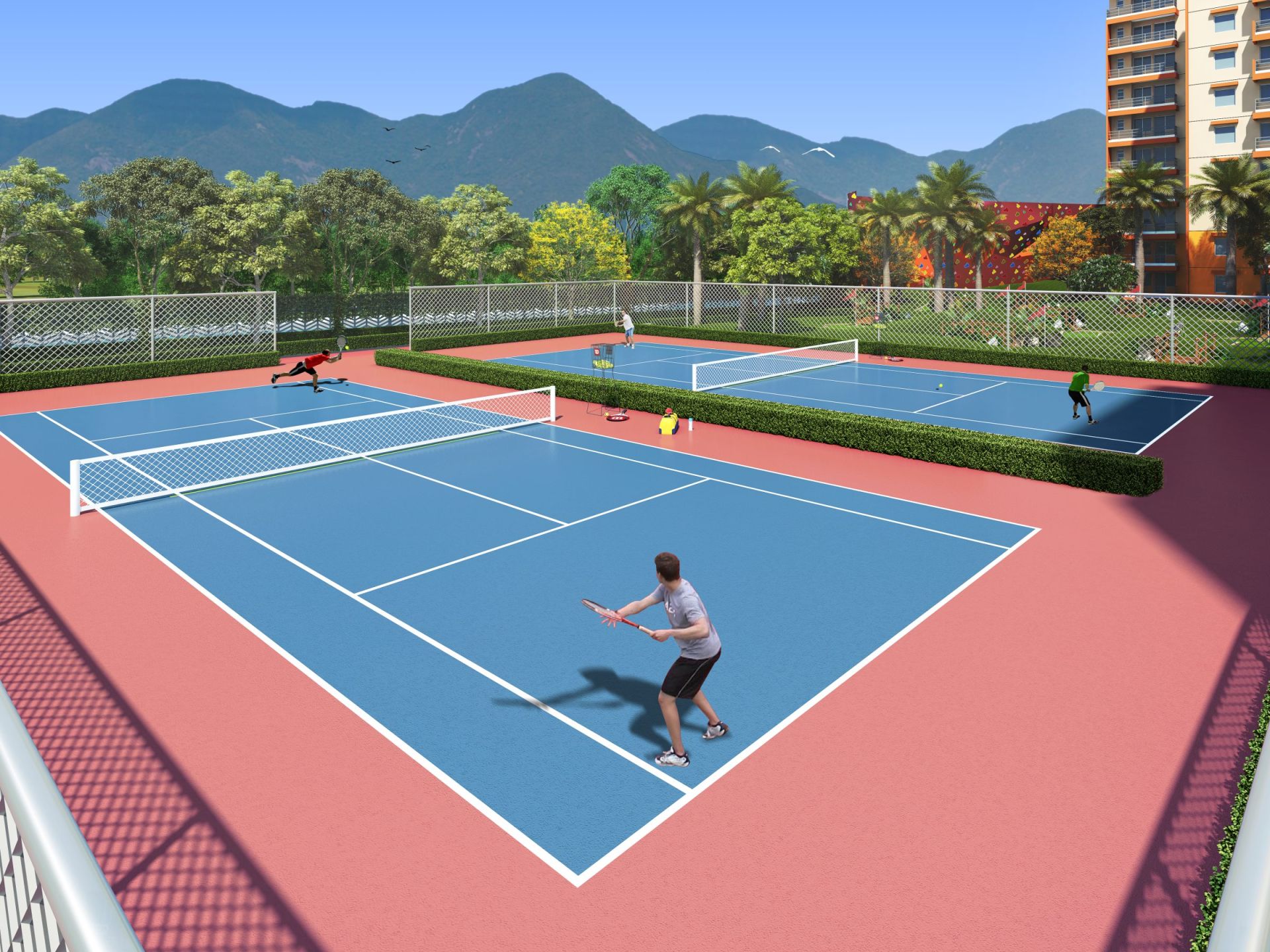 Residents playing lawn tennis on the River Valley Township tennis courts with the hills behind