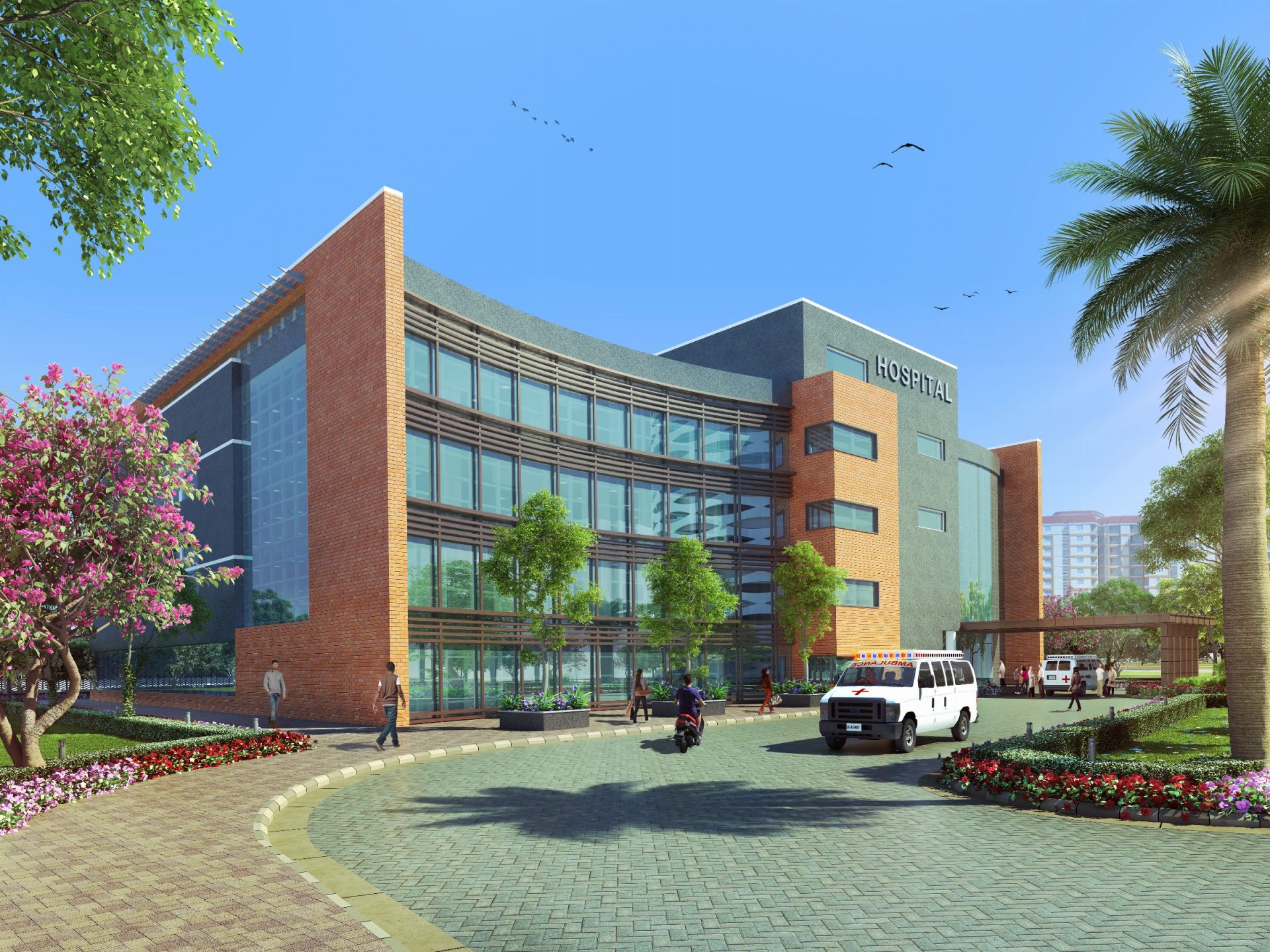 Architectural render of the multi-speciality hospital at River Valley Township