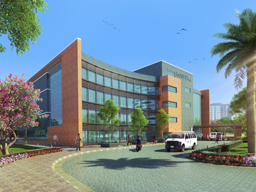 Architectural render of the multi-speciality hospital at River Valley Township